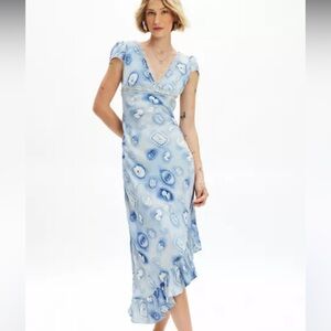 Urban outfitters NWT asymmetrical Y2K lace trim midi blue dress small